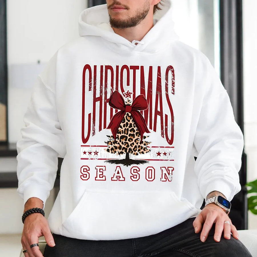 Christmas Season Hoodie | Leopard Print Bow Tree Graphic | Premium Cotton Blend | Cozy Holiday Gift for Women