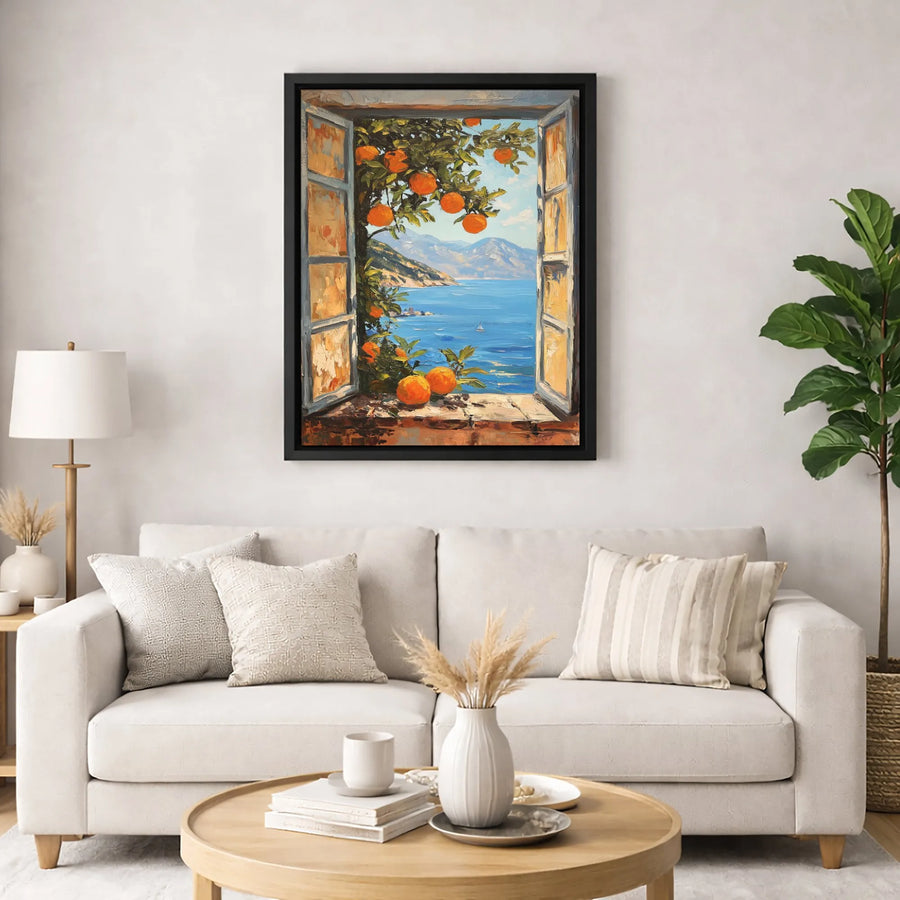 Mediterranean Coastal Canvas Art | Italian Orange Tree Window View | Gallery-Wrapped Premium Print | Scenic Wall Decor for Living Room