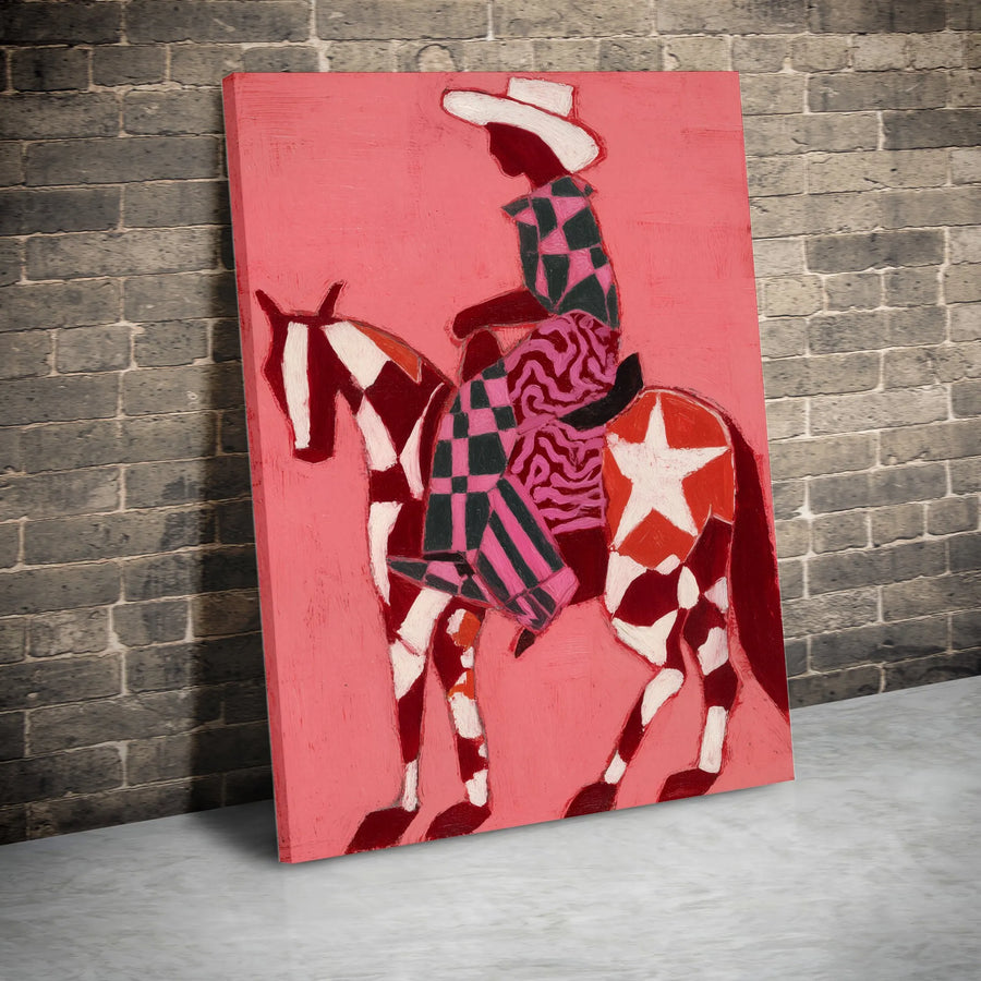 Abstract Cowboy Canvas Print | Pink Rodeo Rider with Patterned Horse | Premium Gallery Wrapped Canvas | Southwestern Wall Decor Gift