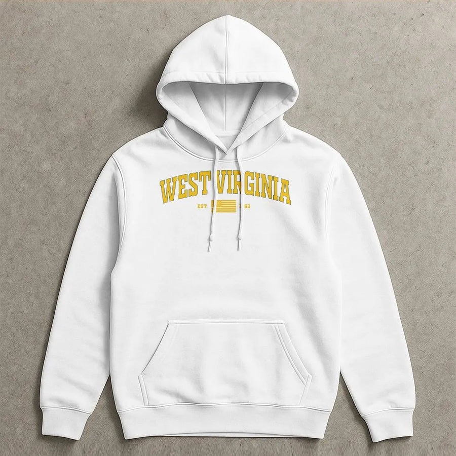 Vintage West Virginia Hoodie | Varsity Style Est. 1863 Graphic | Soft Cotton Blend Sweatshirt | State Pride Souvenir Gift for Men & Women