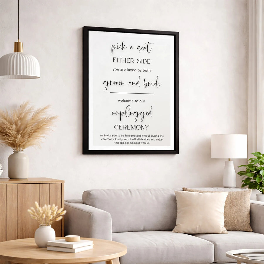 Unplugged Ceremony Wedding Sign | Pick A Seat Either Side Minimalist Canvas | Gallery Quality Decor | Modern Wedding Welcome Sign Gift