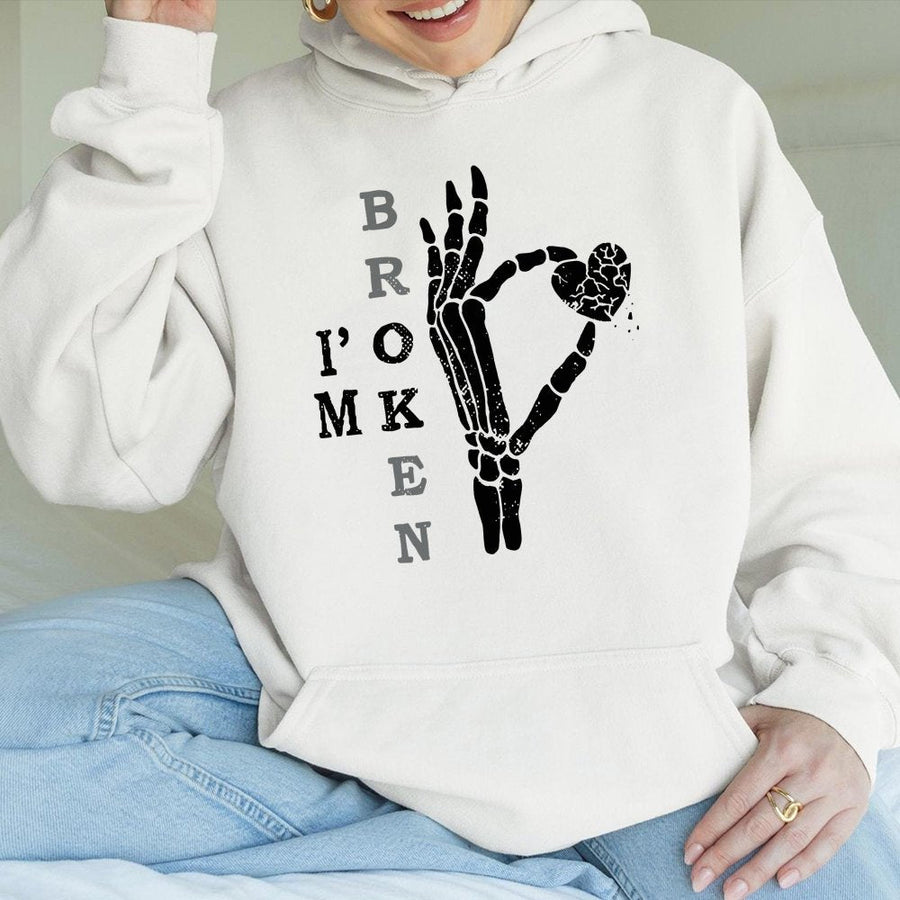 I'm Broken Skeleton Heart Hoodie | Gothic Aesthetic Hand Gesture Graphic | Premium Cotton Blend | Unisex Alt Fashion Gift for Her