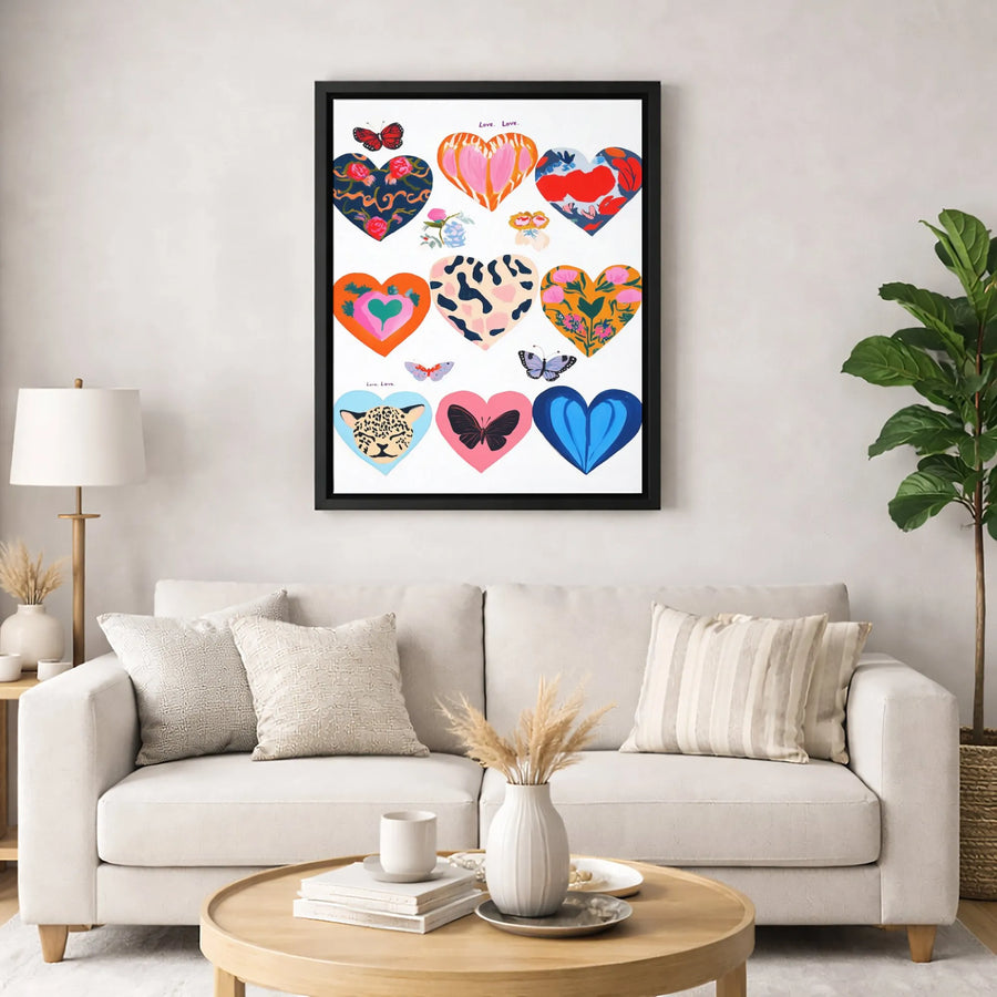 Colorful Heart Canvas Wall Art | Butterfly And Animal Print Design | Premium Fade-Resistant Gallery Wrap | Modern Home Decor Gift
