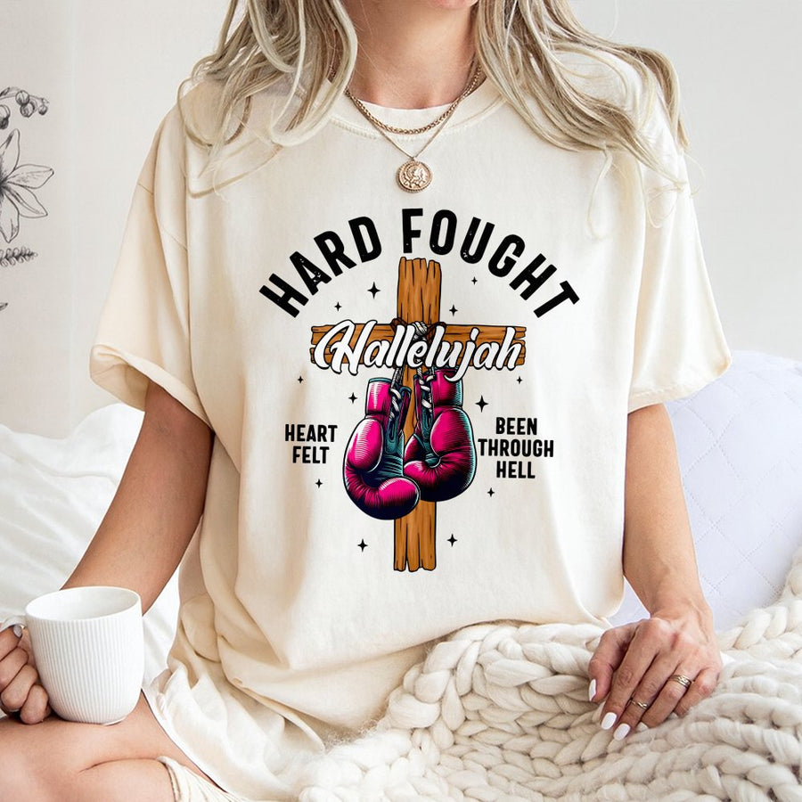 Hard Fought Hallelujah T-Shirt | Christian Boxing Gloves Cross Graphic | Premium 100% Cotton Tee | Faith-Inspired Gift for Believers