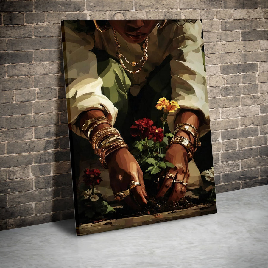 Black Woman Gardening Vertical Canvas | African American Female Planting Flowers Gold Jewelry Art | Premium 1.25 Inch Gallery Wrap | Modern Melanin Home Decor Gift