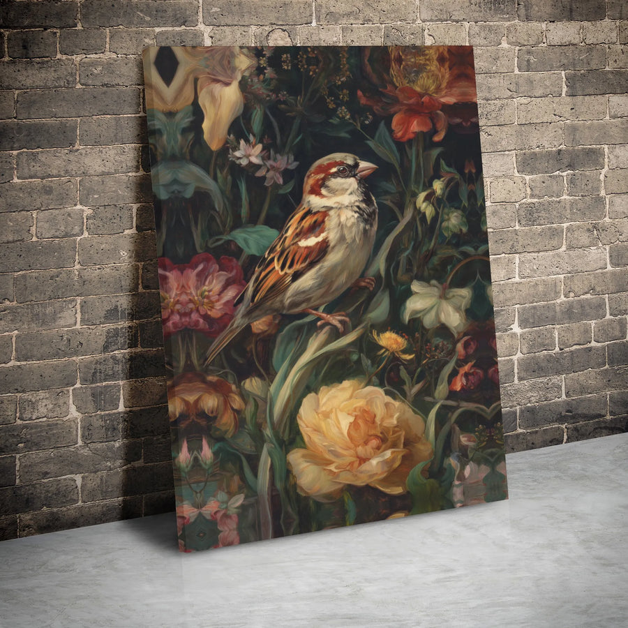 Sparrow Canvas Wall Art | Moody Floral Garden Botanical Print | Premium Gallery Wrap Decor | Nature Lover Gift for Home Office
