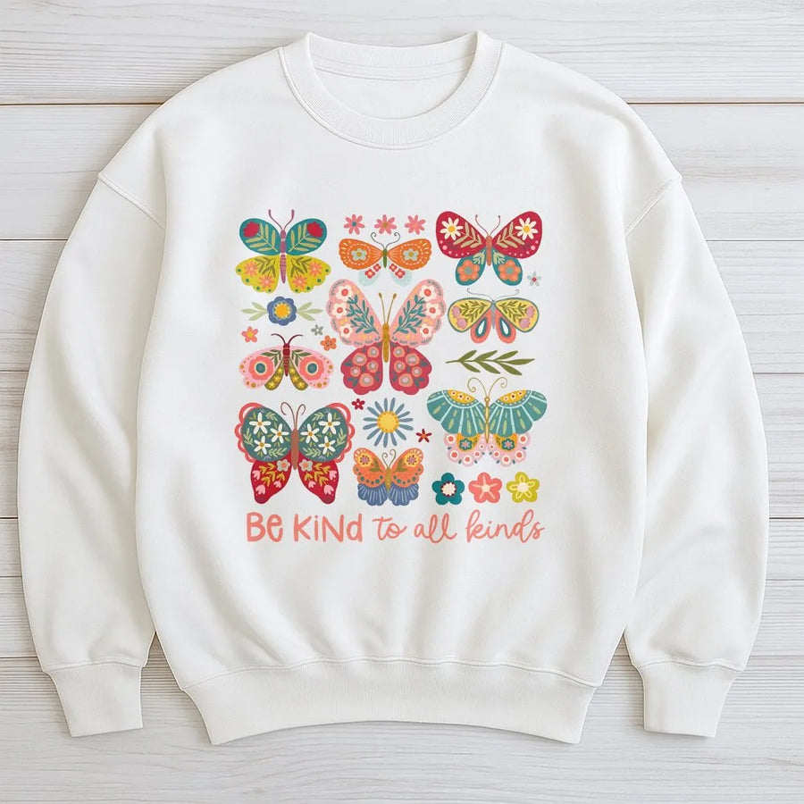 Be Kind To All Kinds Butterfly Shirt | Boho Folk Art Graphic Tee | Soft 100% Cotton | Inspirational Kindness Gift for Women