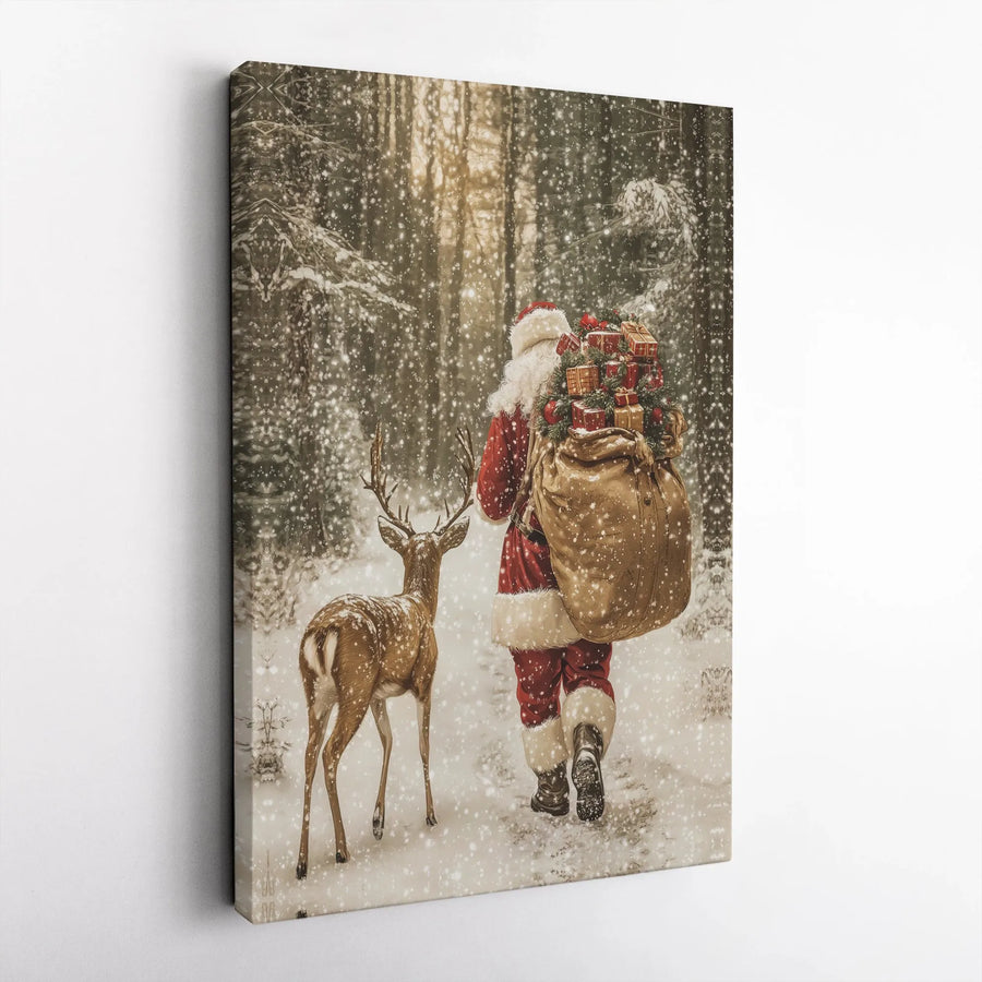 Santa Claus With Reindeer Canvas Print | Snowy Forest Holiday Wall Art | Premium Gallery-Wrapped Canvas | Festive Christmas Home Decor Gift