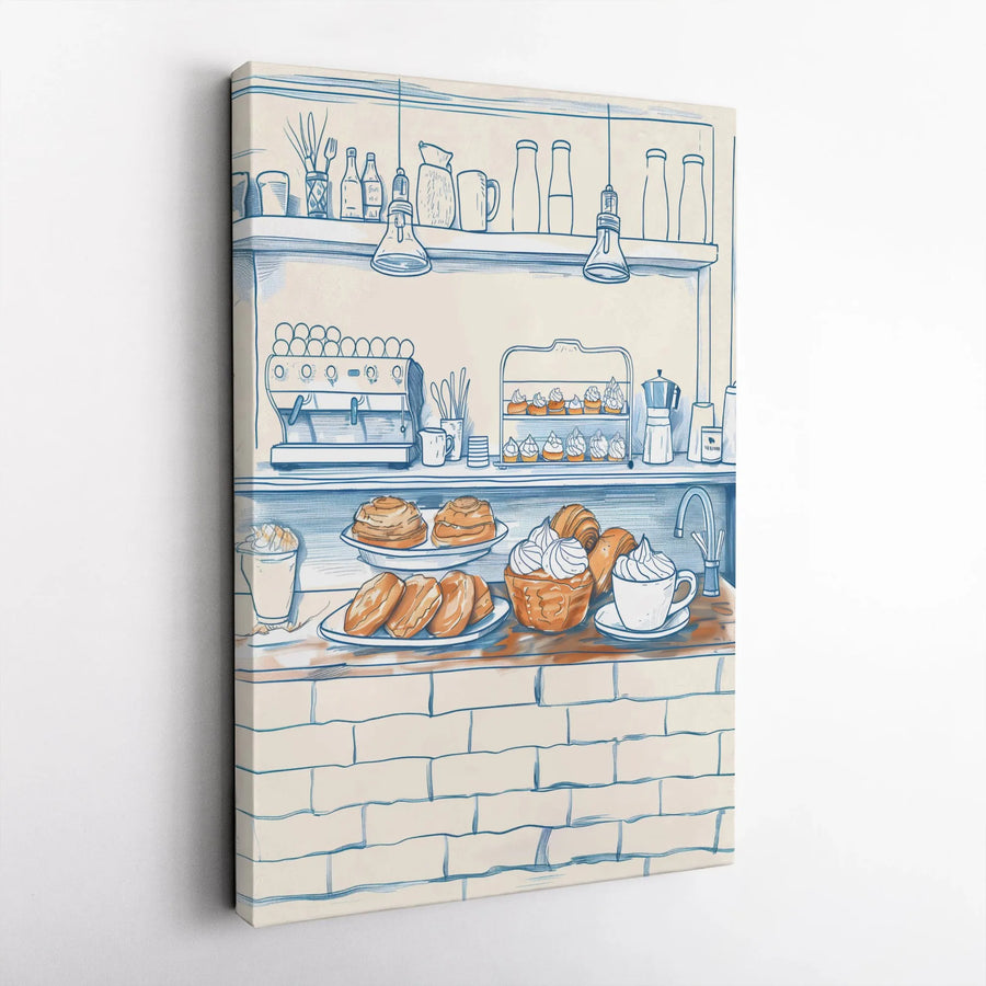 Coffee Shop Canvas Wall Art | Hand-Drawn Cafe Illustration | Premium Gallery Wrap Canvas | Kitchen & Dining Room Decor Gift