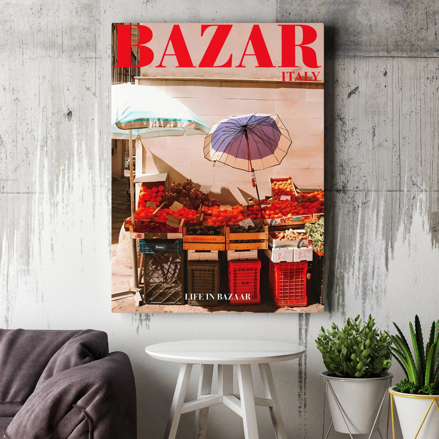 Italian Fruit Market Canvas Art | Vintage Magazine Cover Aesthetic | Premium Gallery-Wrapped Print | Mediterranean Kitchen Wall Decor Gift