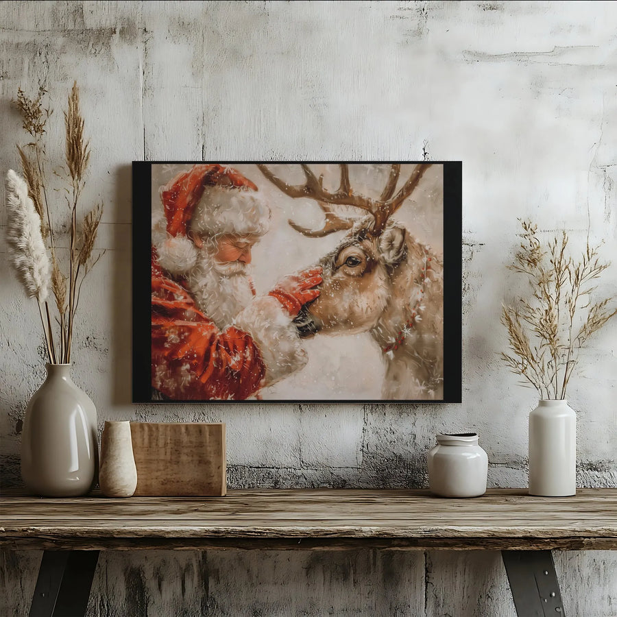 Santa Claus and Reindeer Canvas Wall Art | Whimsical Snowy Holiday Portrait | Premium Gallery Wrap Print | Festive Christmas Home Decor Gift