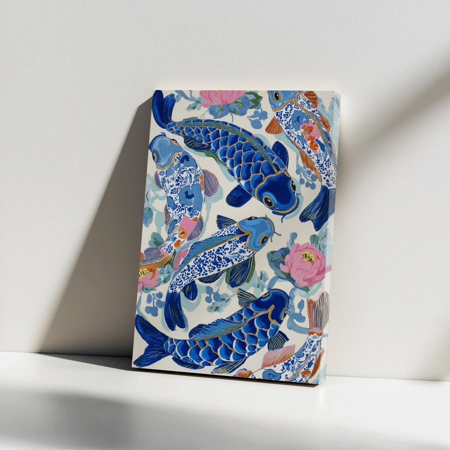 Japanese Koi Fish Canvas Print | Chinoiserie Style Lotus Flower Art | Premium Gallery Wrapped Canvas | Zen Style Home Decor Gift