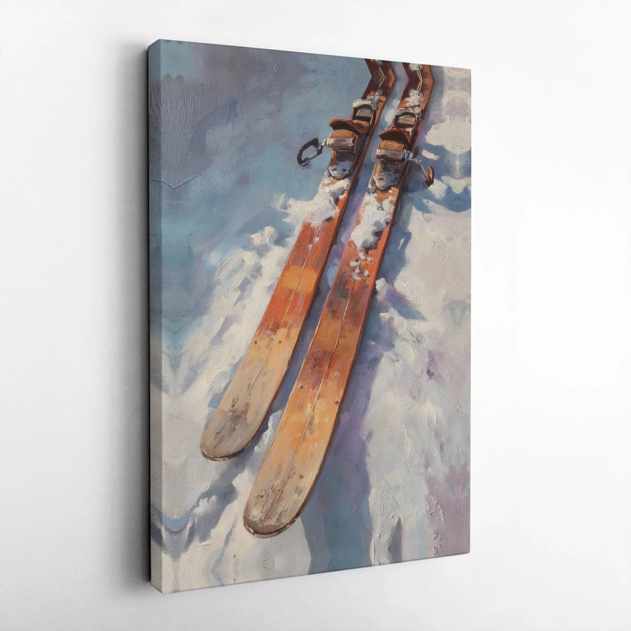 Vintage Wooden Skis Canvas Art | Snowy Mountain Landscape Print | Premium Gallery Wrap Decor | Ski Lodge Wall Decor for Winter Sports Lovers