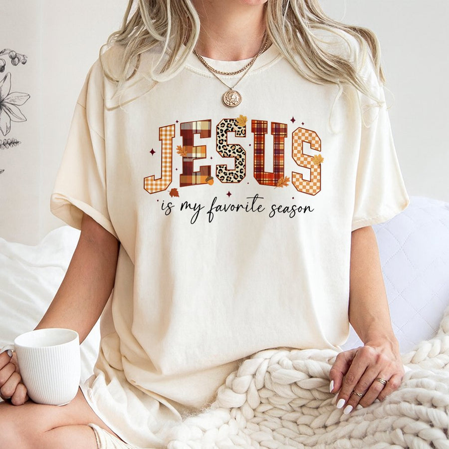 Jesus Is My Favorite Season T-Shirt | Fall Plaid Leopard Print Graphic | Premium Soft Cotton | Christian Faith Gift for Women & Men