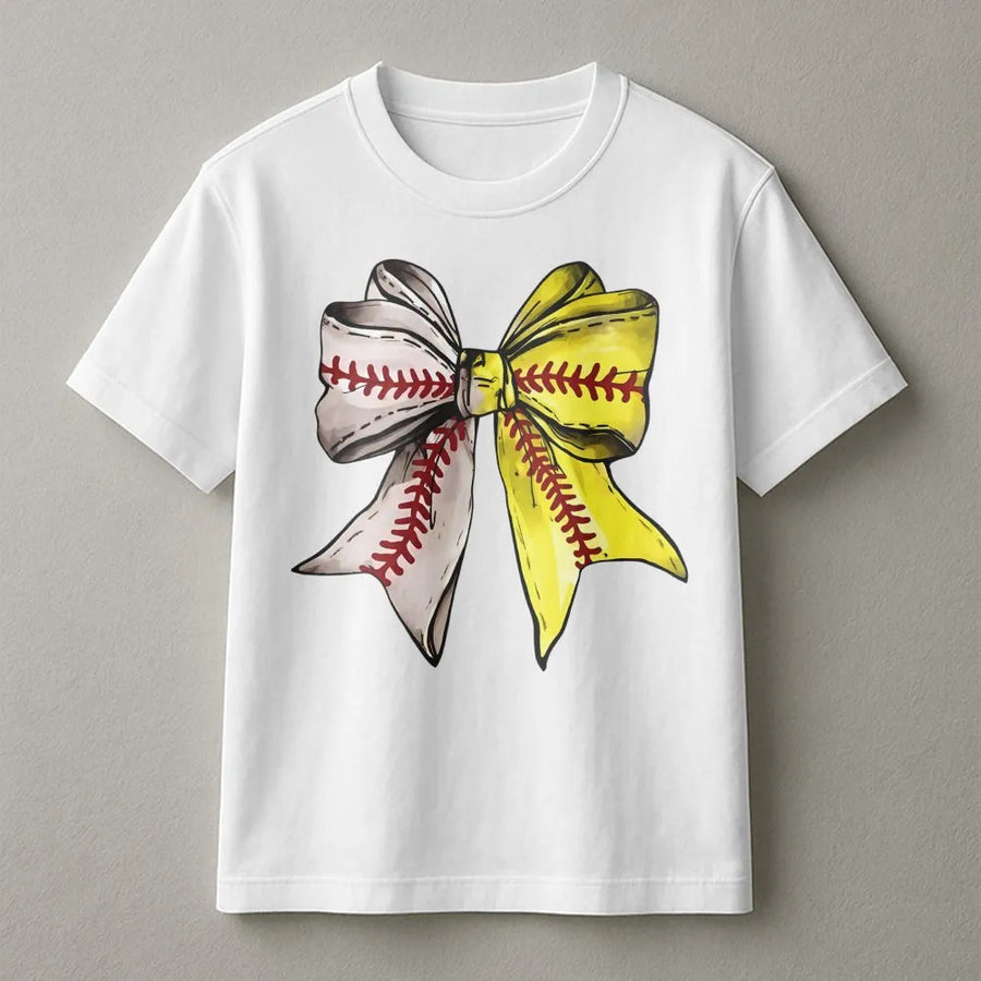 Baseball Softball Bow T-Shirt | Trendy Coquette Aesthetic Graphic | Premium Soft Cotton | Cute Game Day Gift For Softball Mom Player