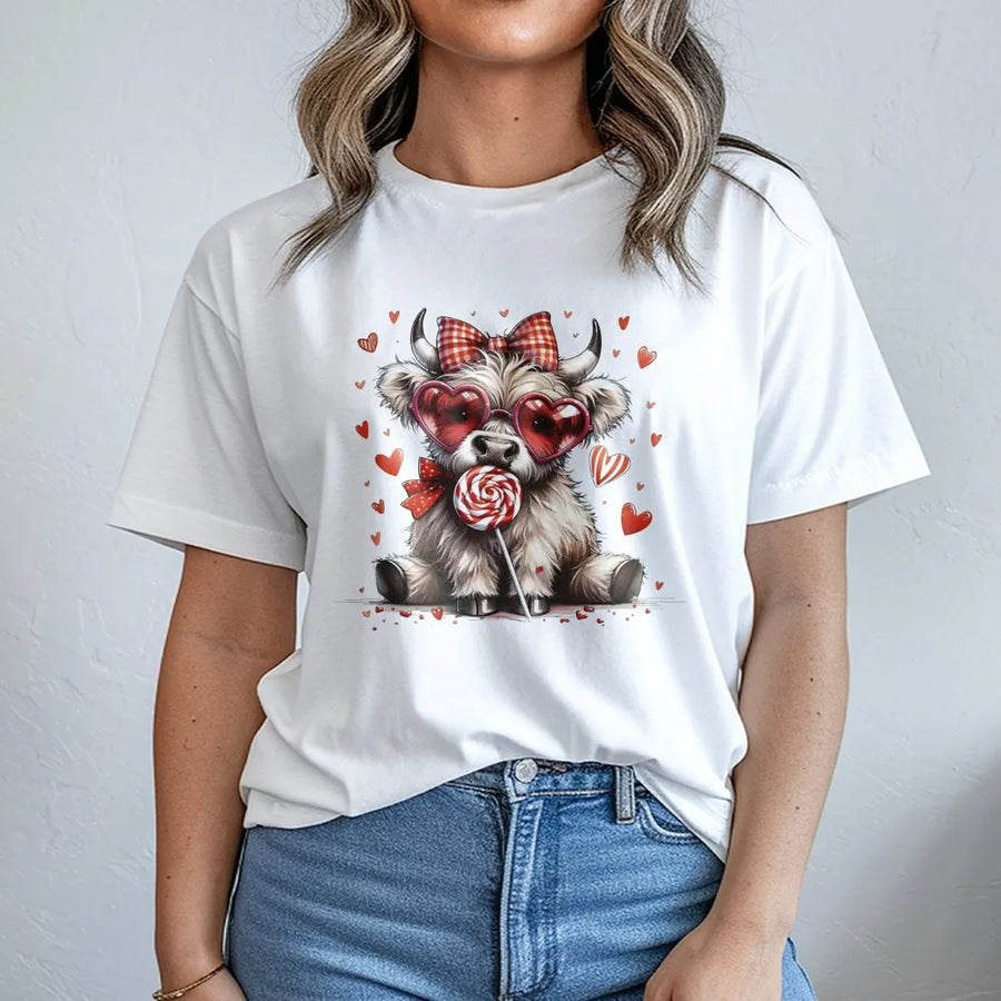 Valentine Highland Cow T-Shirt | Heart Glasses Coquette Aesthetic Design | Premium Soft Cotton Tee | Cute Farm Animal Valentine Gift for Her