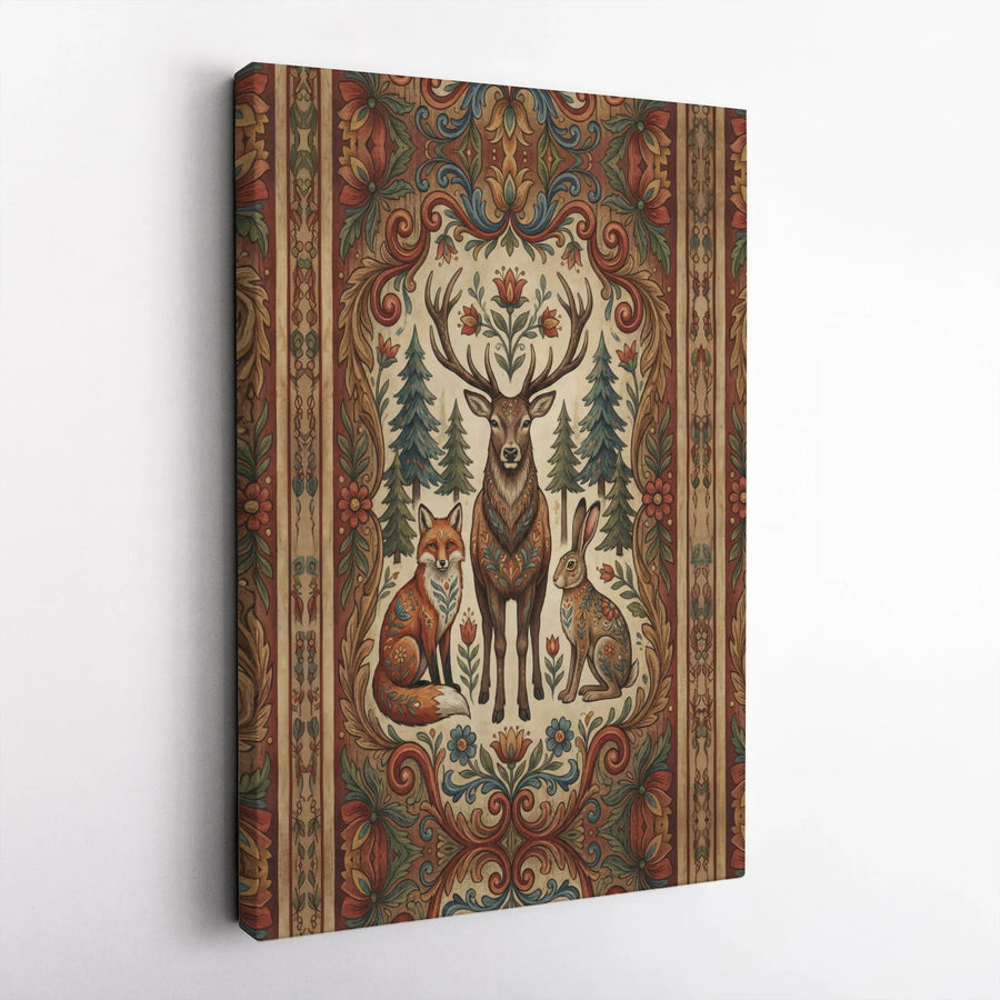 Woodland Animal Wall Art | Folk Art Deer Fox Rabbit Canvas | Gallery Wrapped Premium Decor | Nature Inspired Cottagecore Home Gift