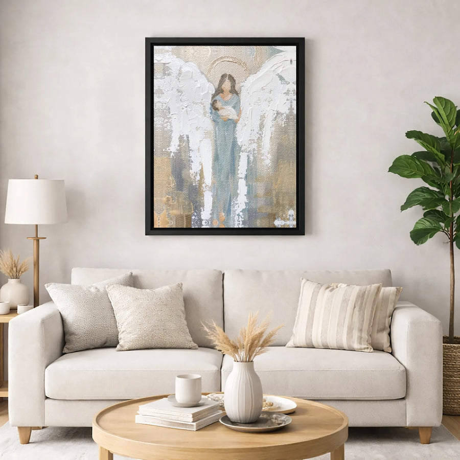 Guardian Angel with Baby Canvas Art | Abstract Religious Wall Decor | Premium Fade-Resistant Print | Meaningful Nursery or Sympathy Gift