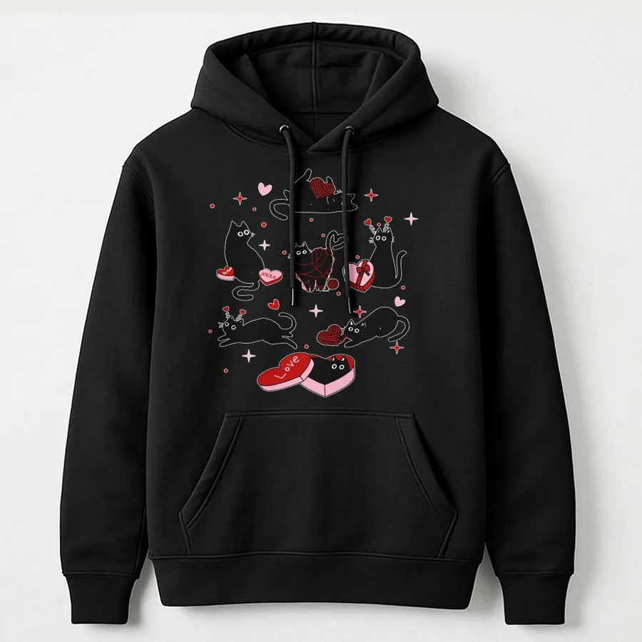 Valentine Black Cat Hoodie | Cute Heart Kitten Graphic Print | Premium Cotton-Blend Pullover | Romantic Cat Mom Gift for Valentine's Day