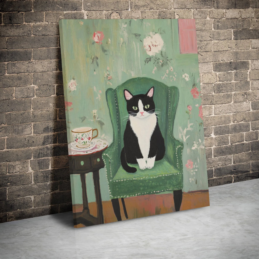 Tuxedo Cat Wall Art | Whimsical Floral Garden Painting | Premium Gallery-Wrapped Canvas | Cute Animal Lover Home Decor Gift