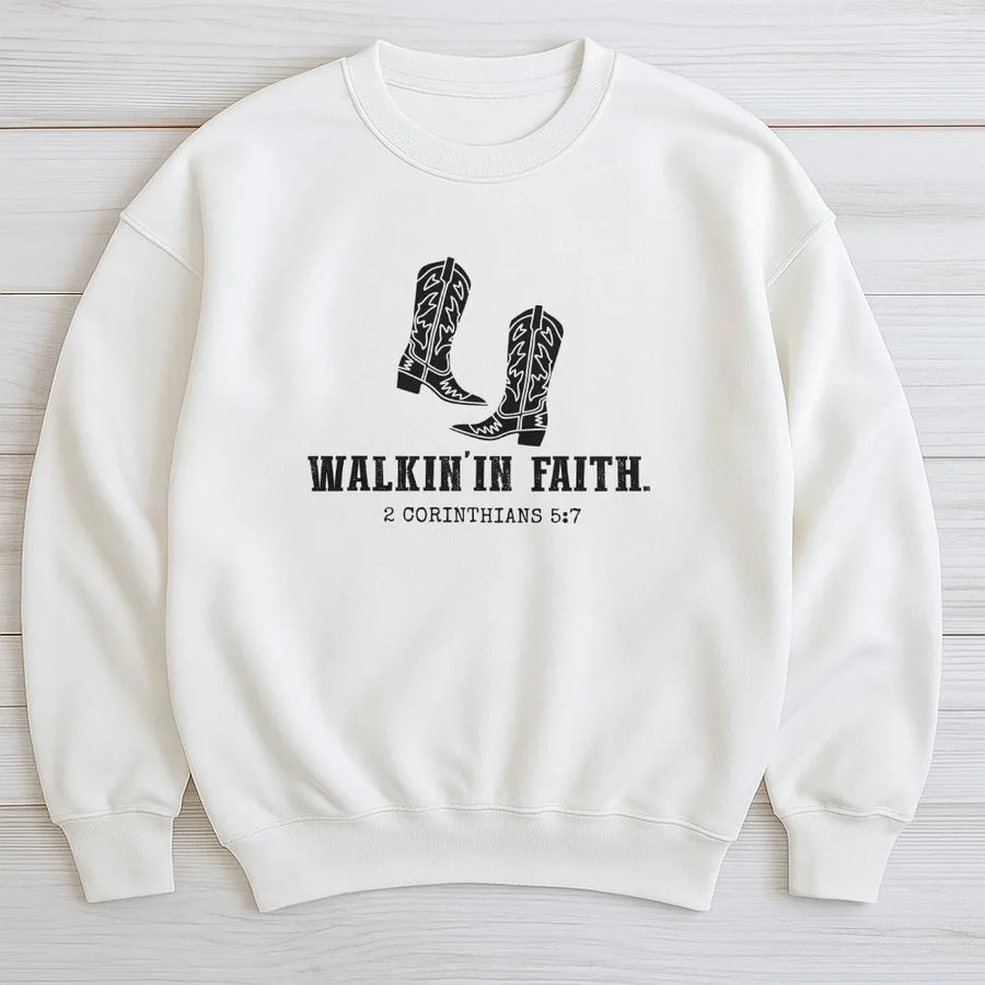 Christian Western Sweatshirt | Walkin' In Faith Cowboy Boots Graphic | Soft Cotton Blend | Religious Faith Based Gift for Women