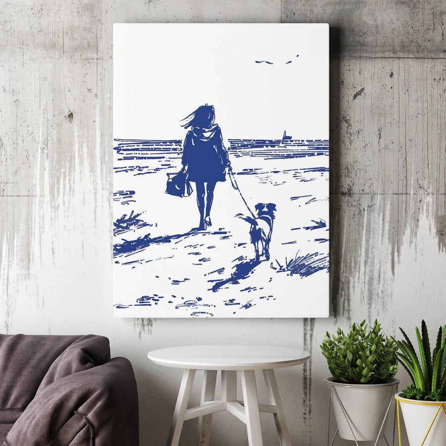 Woman Walking Dog Vertical Canvas | Minimalist Blue Ink Sketch Wall Art | Premium Gallery Wrapped Canvas | Modern Coastal Home Decor Gift for Dog Lover