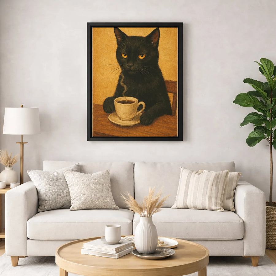 Grumpy Black Cat Coffee Canvas Wall Art | Vintage Style Moody Animal Portrait | Premium Fade-Resistant Print | Funny Kitchen Decor Gift
