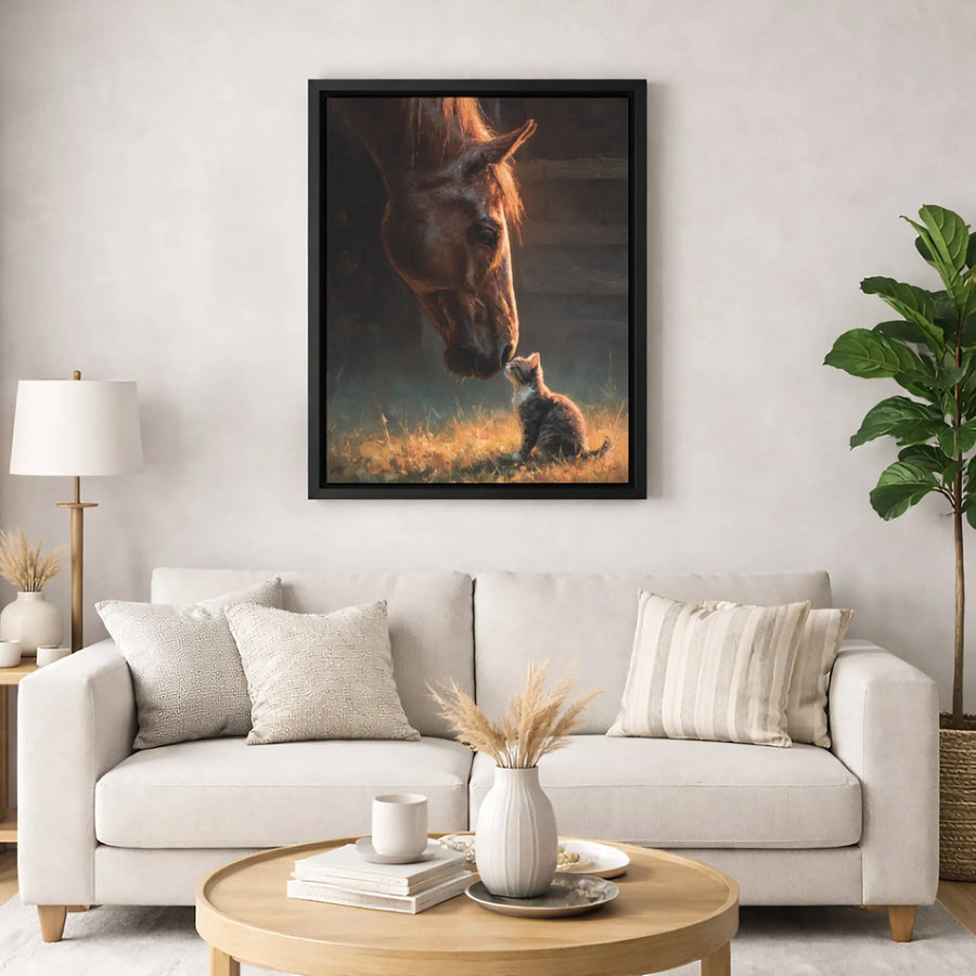 Horse and Kitten Wall Art | Whimsical Animal Friendship Painting | Premium Gallery-Wrapped Canvas | Heartwarming Farmhouse Decor Gift