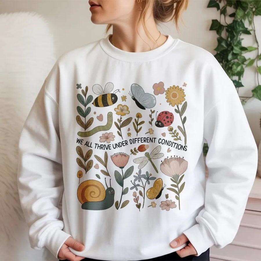 Autism Awareness Sweatshirt | Cute Garden Insects & Floral Design | Soft Cotton Blend | Inspirational Neurodiversity Gift