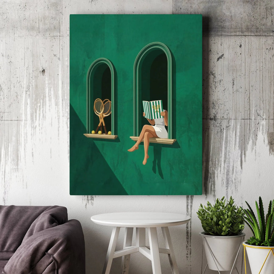 Vintage Tennis Canvas Wall Art | Minimalist Woman Reading Print | Premium Gallery Canvas | Country Club Decor Gift for Tennis Player