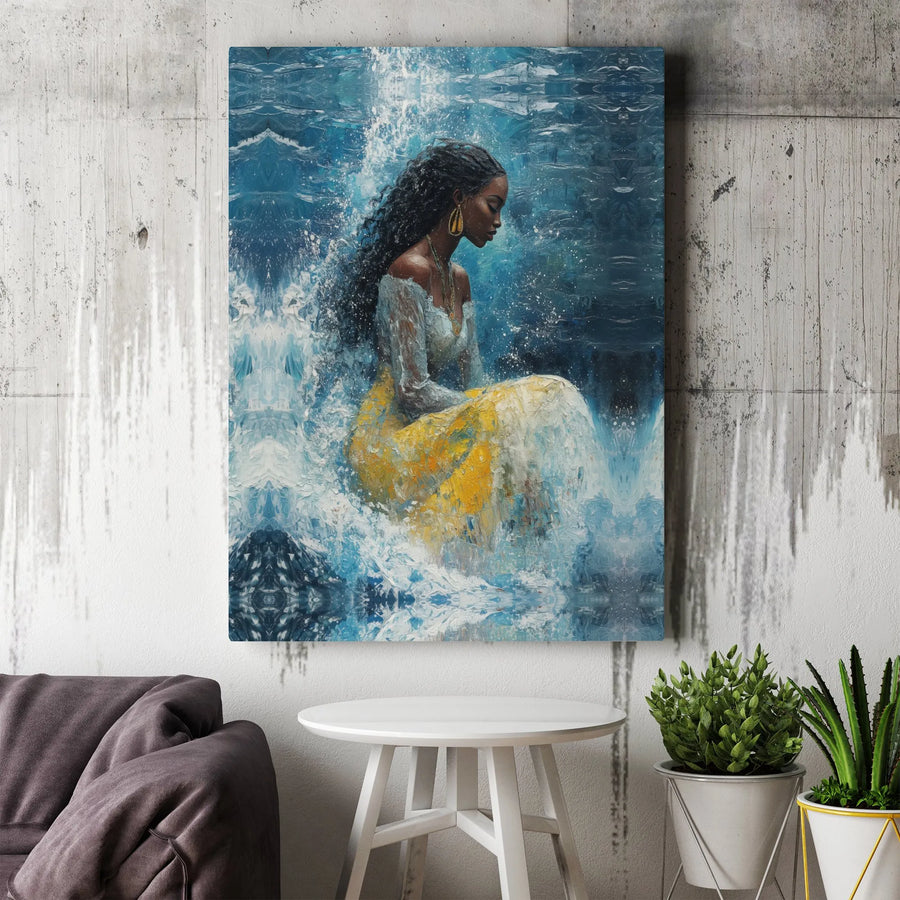 Black Woman Waterfall Canvas | Abstract Impressionist Portrait | Premium Gallery-Wrap Art | Gift for Art Lovers and Home Decor