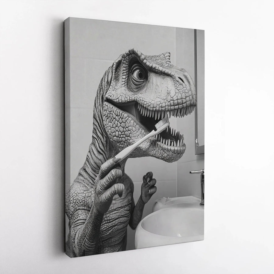 T-Rex Brushing Teeth Canvas Art | Funny Dinosaur Bathroom Wall Decor | Premium Fade-Resistant Gallery Wrap | Whimsical Home Gift