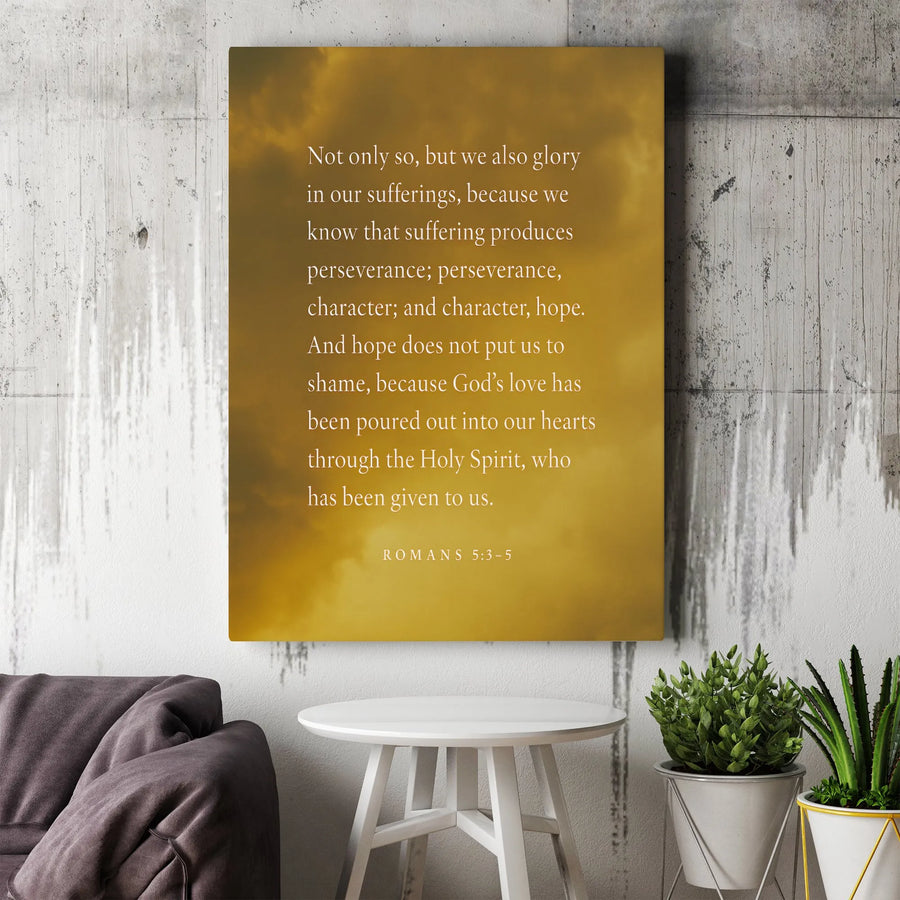 Romans 5:3-5 Bible Verse Canvas Wall Art | Inspirational Scripture Gold Cloud Design | Premium Gallery-Wrap | Christian Home Decor & Religious Gift