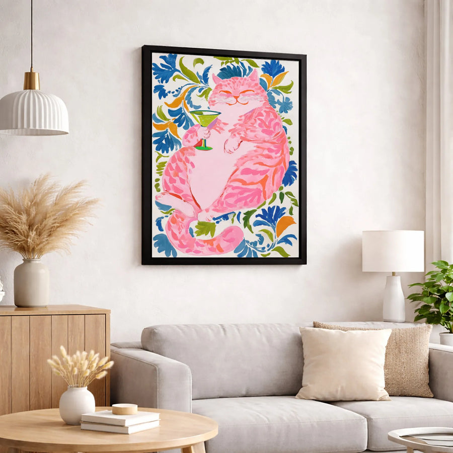Pink Cat Martini Canvas Print | Whimsical Floral Art Decor | Premium Fade-Resistant Gallery Wrap | Fun Alcohol Cocktail Wall Art Gift for Cat Lovers