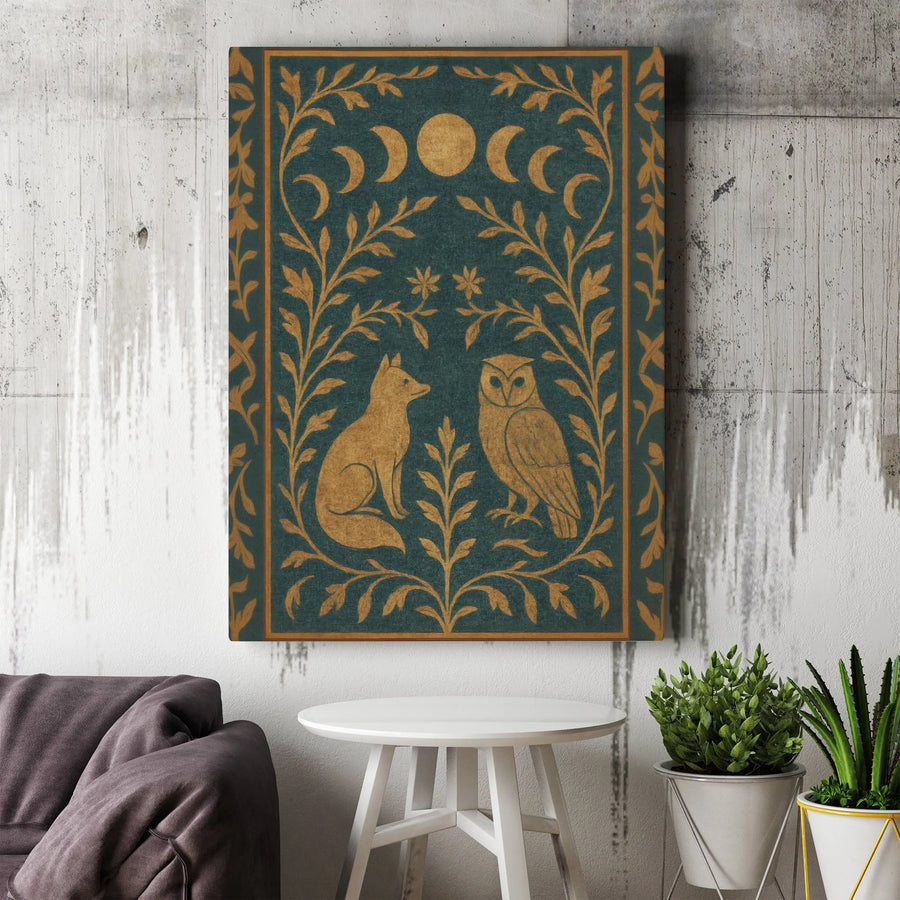 Fox and Owl Canvas Wall Art | Moon Phases Botanical Illustration | Premium Gallery Wrap Decor | Mystical Forest Animal Gift for Nature Lovers