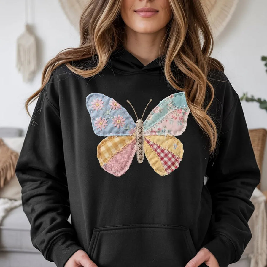 Patchwork Butterfly Hoodie | Faux Quilt Style Graphic Tee | Soft Cotton Shirt | Cottagecore Spring Gift for Women