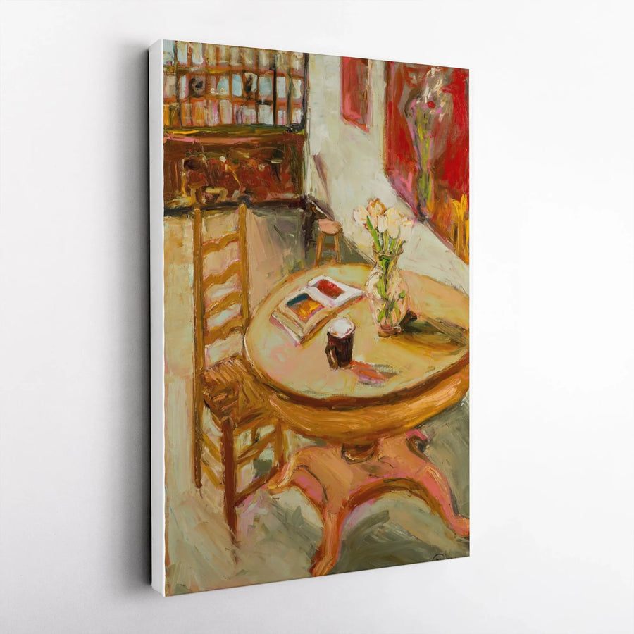 Impressionist Still Life Vertical Canvas | Vintage Book and Flower Vase Painting | Premium Gallery Wrapped Canvas | Library Wall Decor Gift for Book Lover