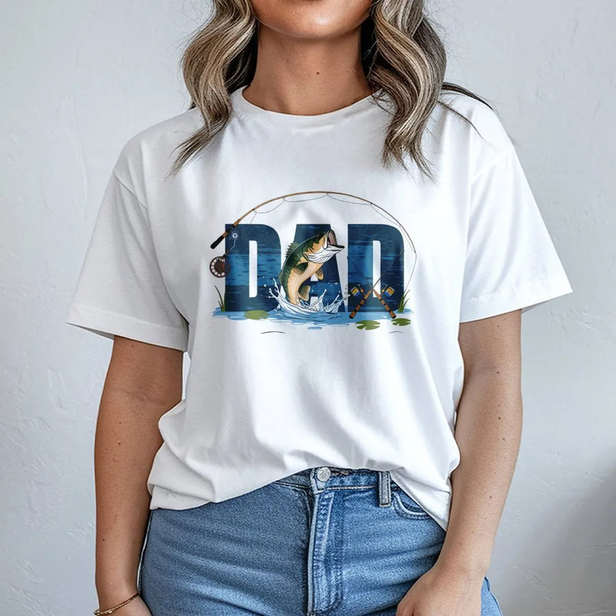 Fishing Dad T-Shirt | Jumping Bass Graphic Design | 100% Cotton Premium Tee | Unique Gift for Fisherman, Outdoorsman, Husband