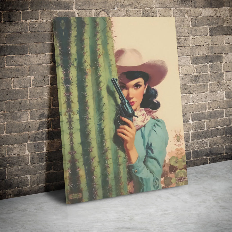 Western Cowgirl Canvas Wall Art | Vintage Pin-Up Desert Revolver Print | Gallery Wrap 1.25" Professional Decor | Rustic Gift for Home or Bar