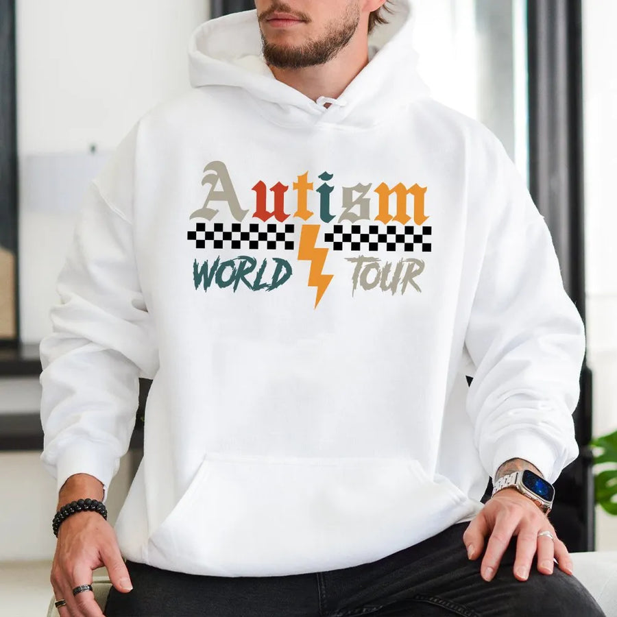 Autism World Tour Hoodie | Retro Rock Tour Style Graphic | Premium Cotton Blend | Neurodiversity Awareness Gift
