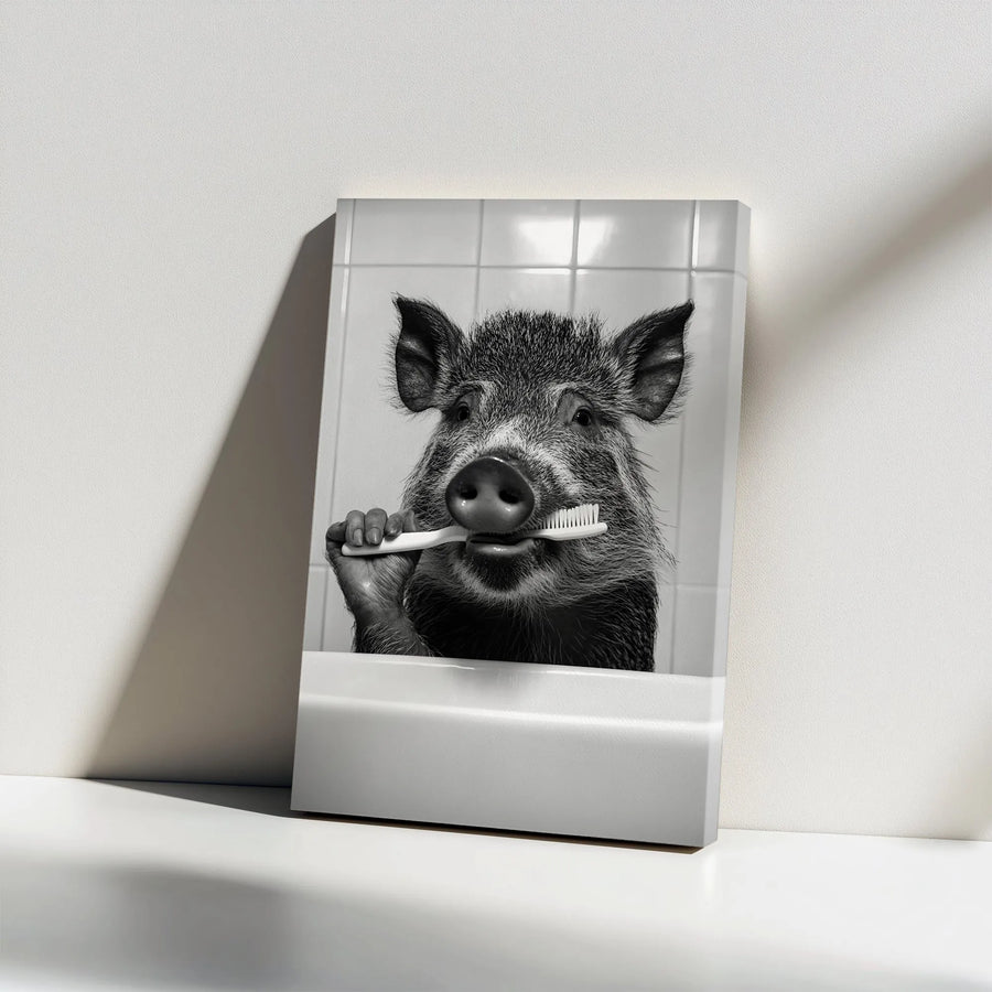 Wild Boar Bathroom Wall Art | Funny Animal Brushing Teeth Photography | Premium Gallery-Wrap Canvas | Whimsical Home Decor Gift