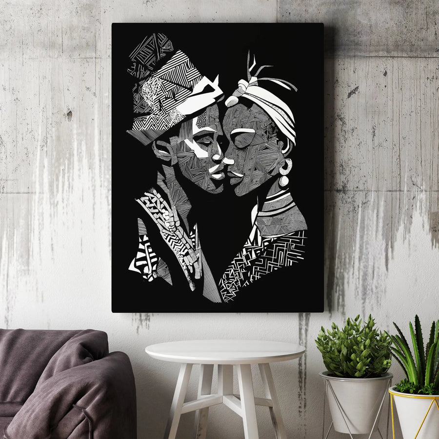 Black Love Wall Art Canvas | Abstract Geometric Portrait | Premium Gallery Wrapped Canvas | Afrocentric Home Decor Gift