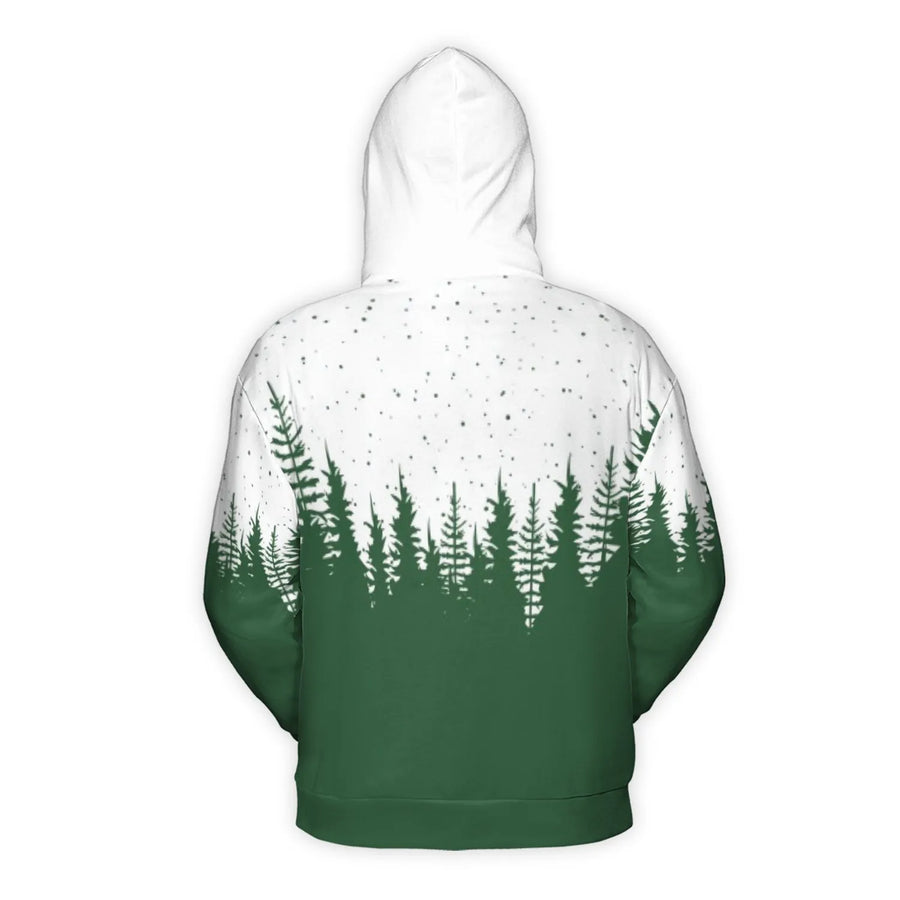 Christmas Reindeer Hoodie | Forest Pine Tree Silhouette Print | Soft Brushed Fleece Premium Pullover | Unisex Holiday Gift for Nature Lovers