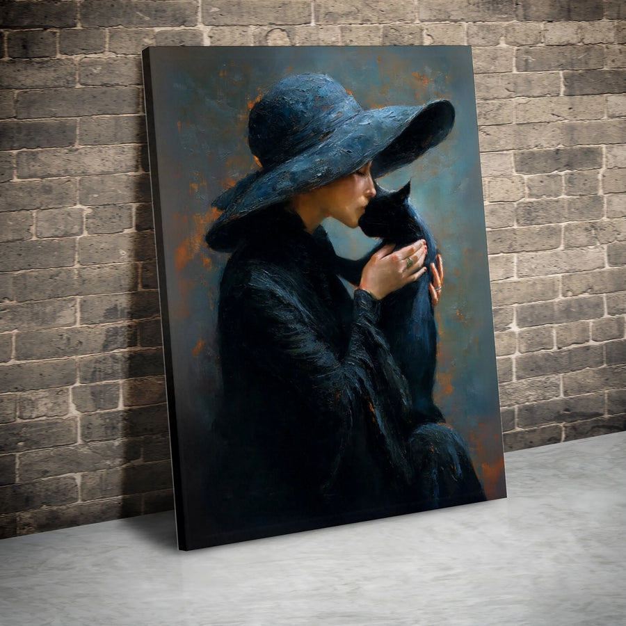 Elegant Woman and Black Cat Canvas Print | Vintage Oil Painting Style Art | Thick Gallery Wrap Canvas | Dark Academia Home Decor Gift for Cat Lovers