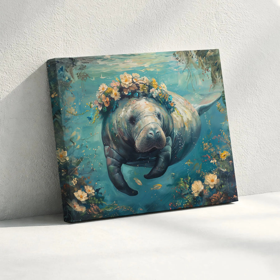 Floral Manatee Canvas Wall Art | Whimsical Underwater Sea Cow Painting | Premium Gallery Wrapped Canvas | Coastal Home Decor Gift