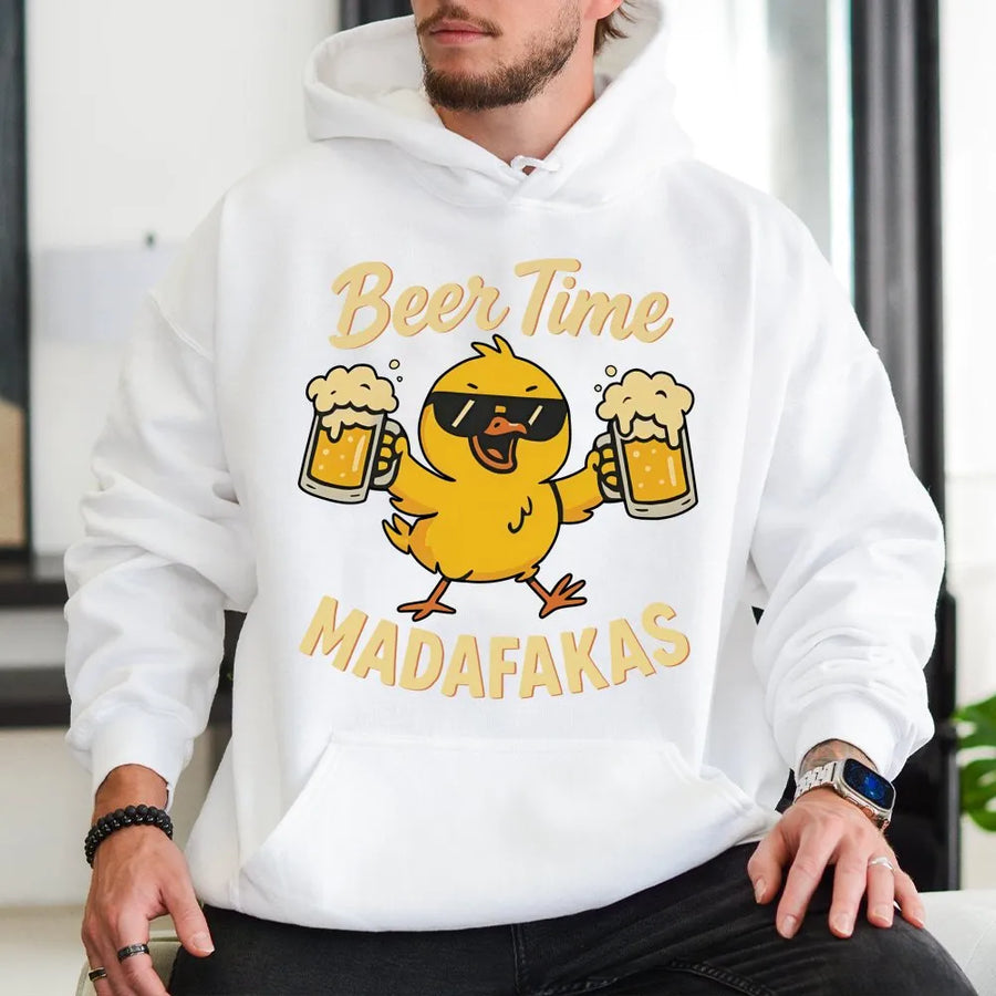 Beer Time Madafakas Graphic Hoodie | Funny Chick Drinking Beer Design | Premium Cotton-Blend Pullover | Sarcastic Gift for Beer Lovers