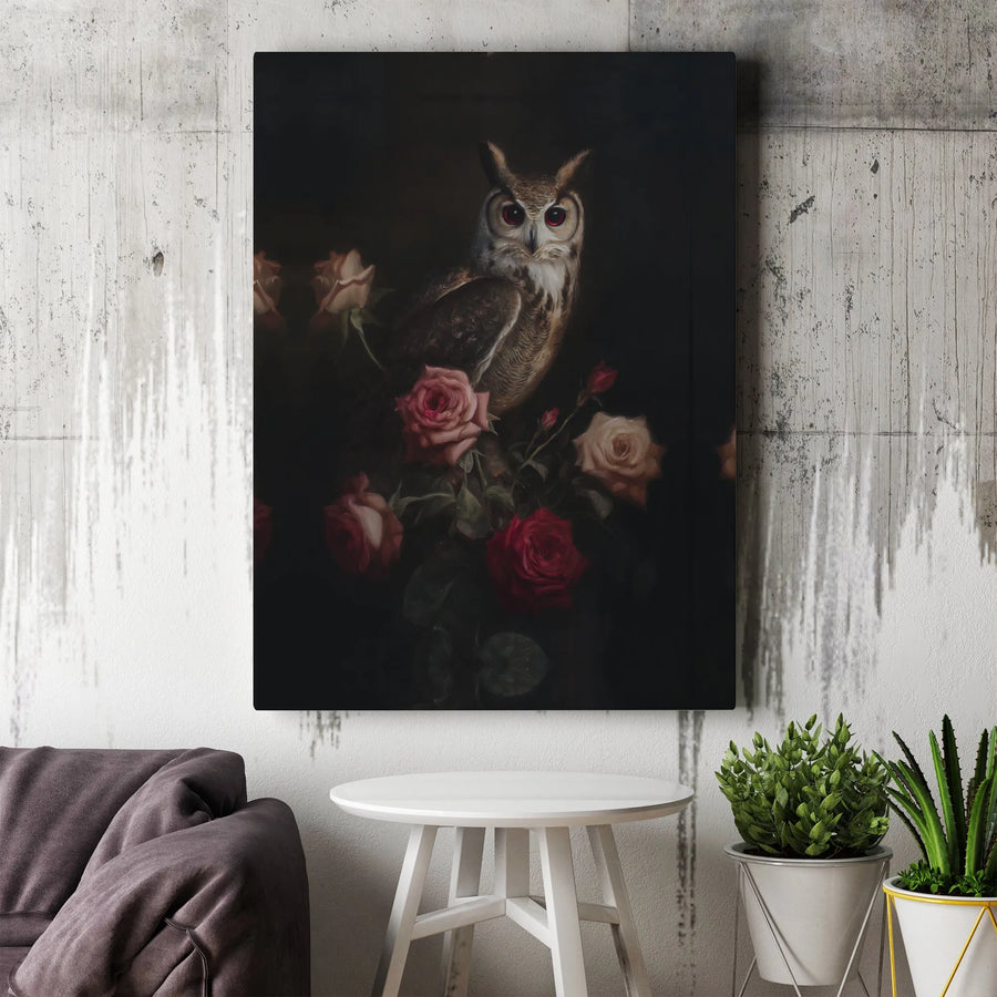 Gothic Owl Canvas Wall Art | Red Eye Bird With Moody Roses Design | 1.25 Inch Premium Gallery Wrap | Dark Academia Home Decor Gift