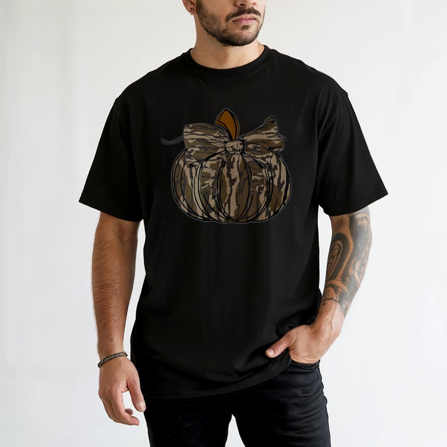 Camo Pumpkin Bow T-Shirt | Fall Coquette Aesthetic Graphic Tee | 100% Cotton Premium Quality | Hunting Season Gift for Her