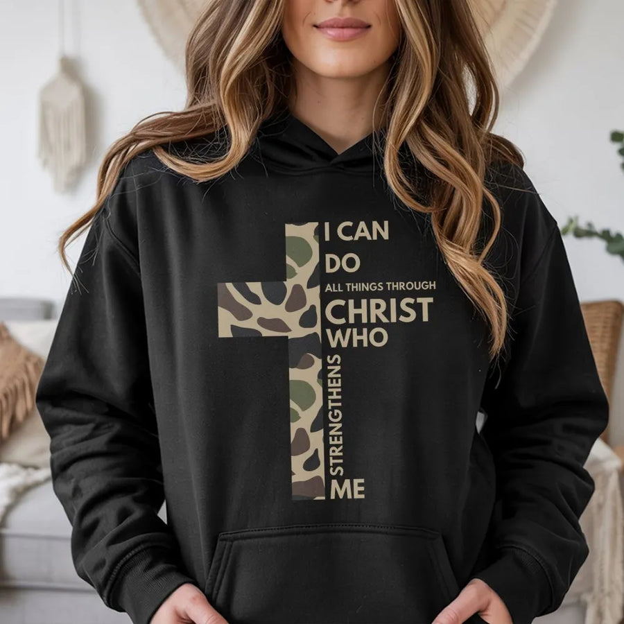 I Can Do All Things Through Christ Hoodie | Camo Cross Bible Verse Graphic | Premium Cotton Blend | Religious Gift for Men and Women