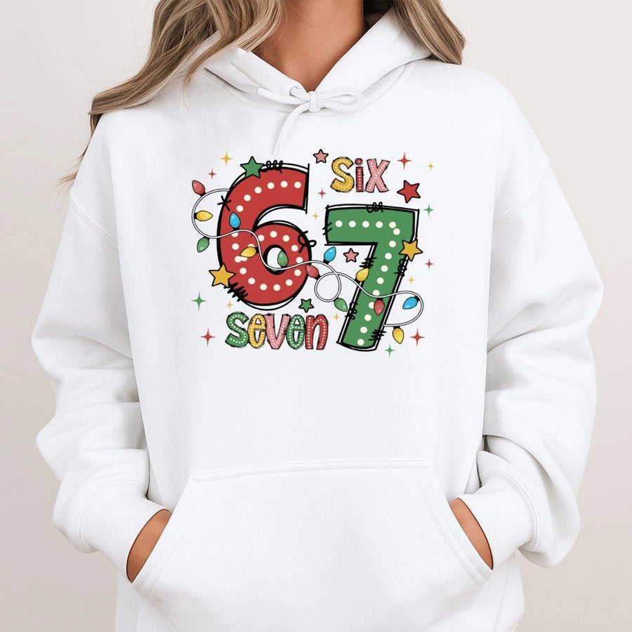 67 Christmas Hoodie | Festive Holiday Lights Graphic | Premium Cotton Blend | Funny Birthday or Holiday Gift for Ages 6-7